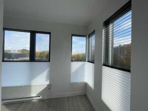 three windows with honeycomb shades